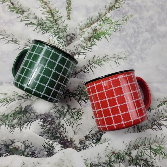 Pair of Hallmark Mugs in Red and Green with White Gridlines - Picture 2 of 8
